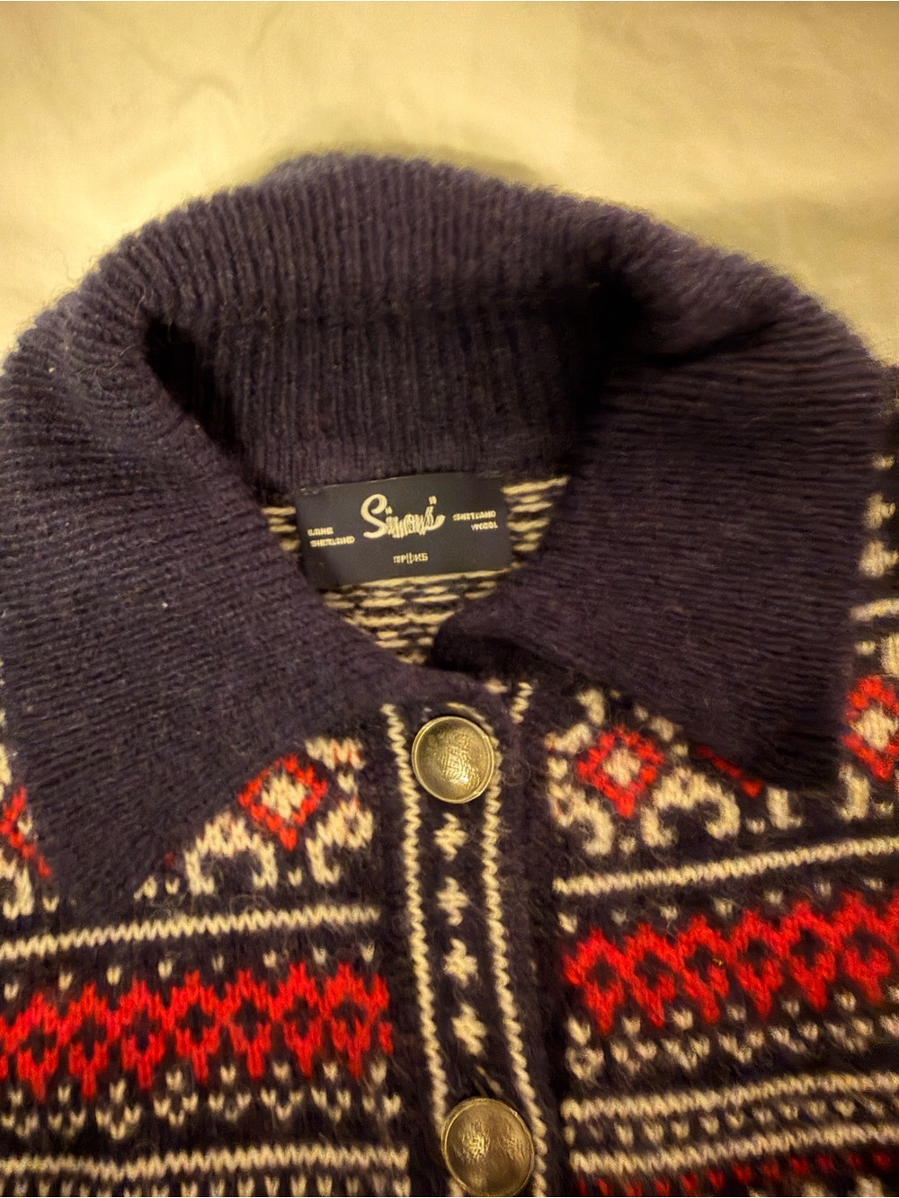 Simons Navy Fair Isle Button-Front Cardigan with Red and Cream Accents - Picture 3 of 5